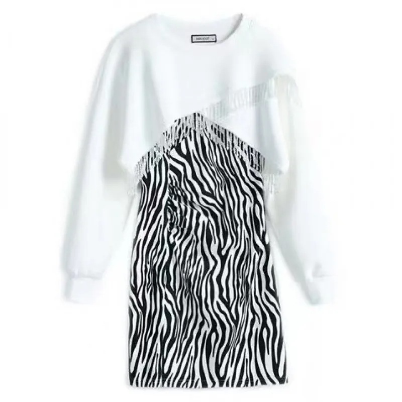 ハイエンドのカスタマイズ-ファッショナブルなスウェットシャツスカートスーツ 2024 春の新作ゼブラ柄甘辛ヒップドレスタッセル長袖トップトレンディ