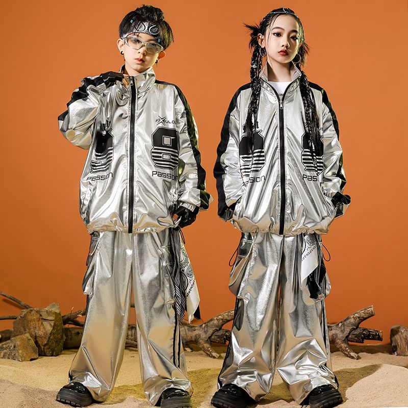 街舞児童潮服男児爆街銀色スーツヒップホップ春秋少年hiphop少女元日公演服