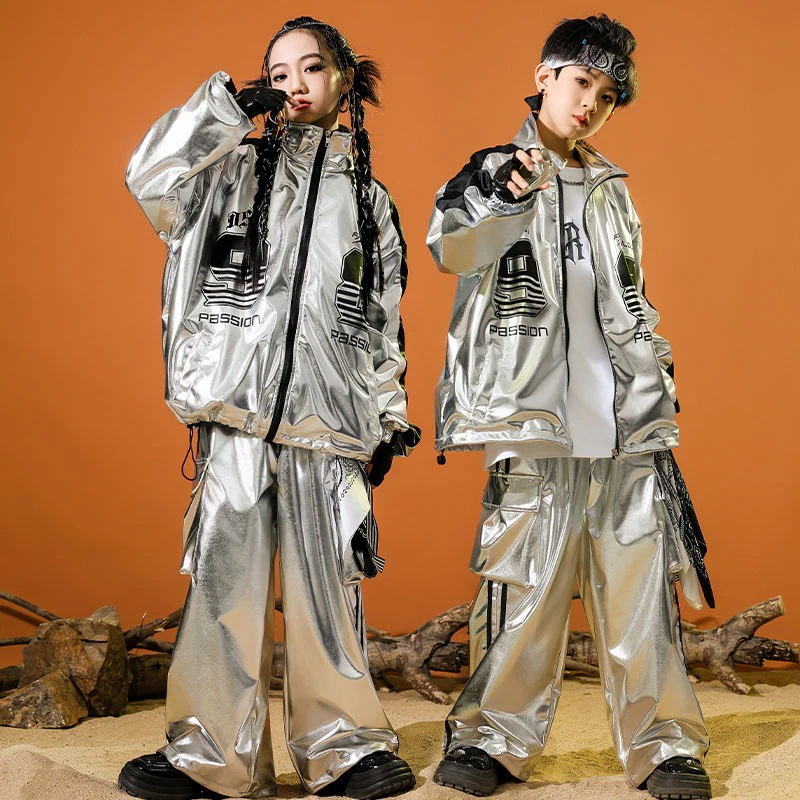 街舞児童潮服男児爆街銀色スーツヒップホップ春秋少年hiphop少女元日公演服