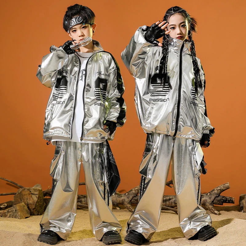 街舞児童潮服男児爆街銀色スーツヒップホップ春秋少年hiphop少女元日公演服