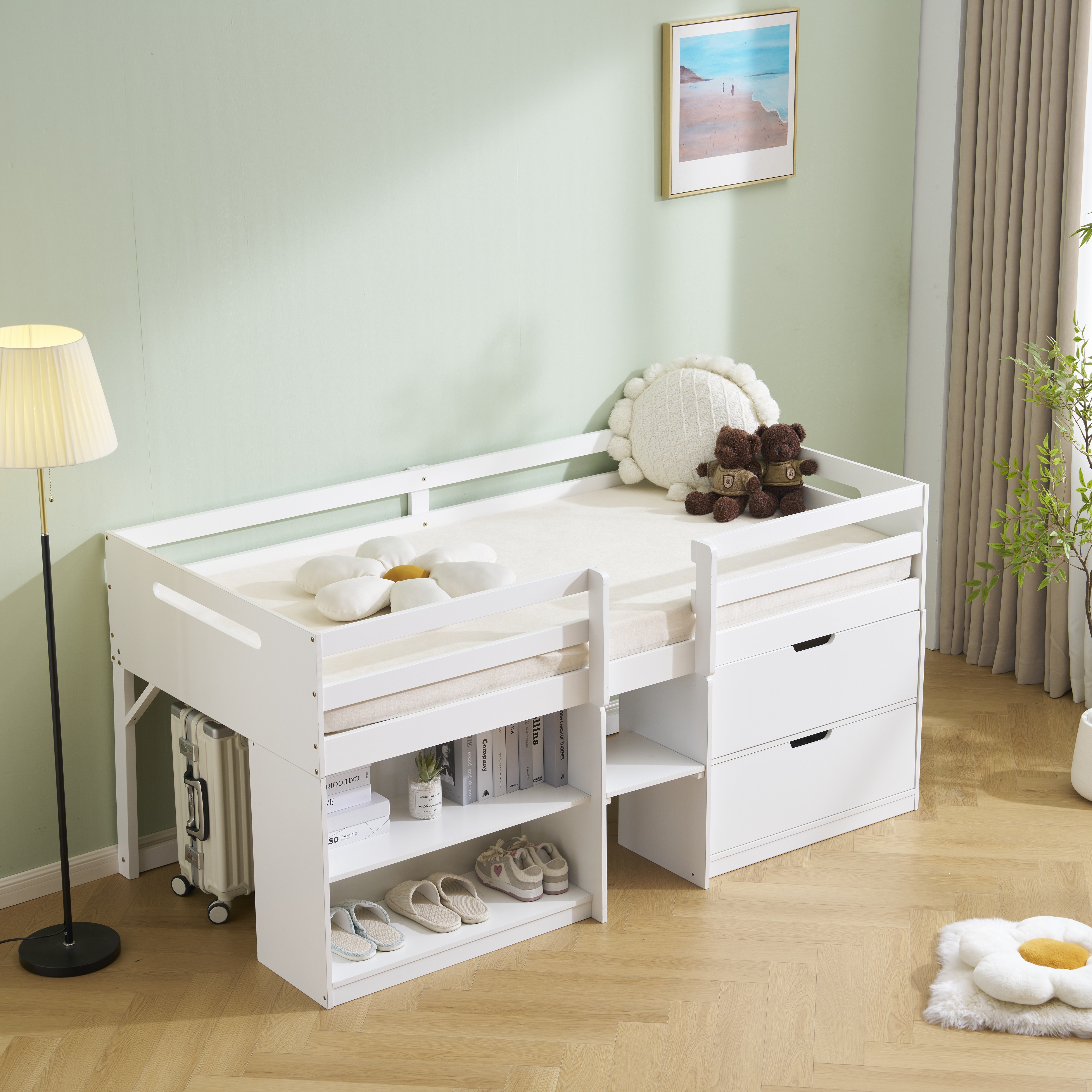 【国内発送】【新作】シシステムベッド シングル ロータイプ ハシゴ すのこ 引き出し システムベッド 本棚 収納 ブックシェルフ 子供ベッド ロフト ベッドロフトシステムベッド セット 木製ベッド 子