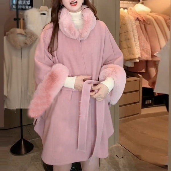 フォックスフリンジ毛100％マントコート