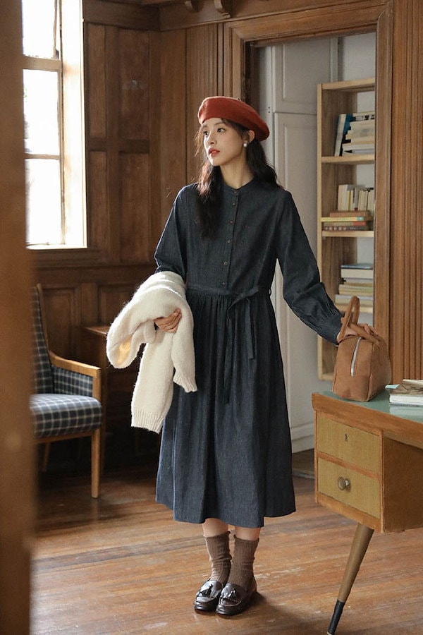 デニム バイカラー ブラック ワンピース 長袖 レディース 大人可愛い Ⅱ デニム バイカラー ブラック ワンピース 長袖 レディース 大人可愛い