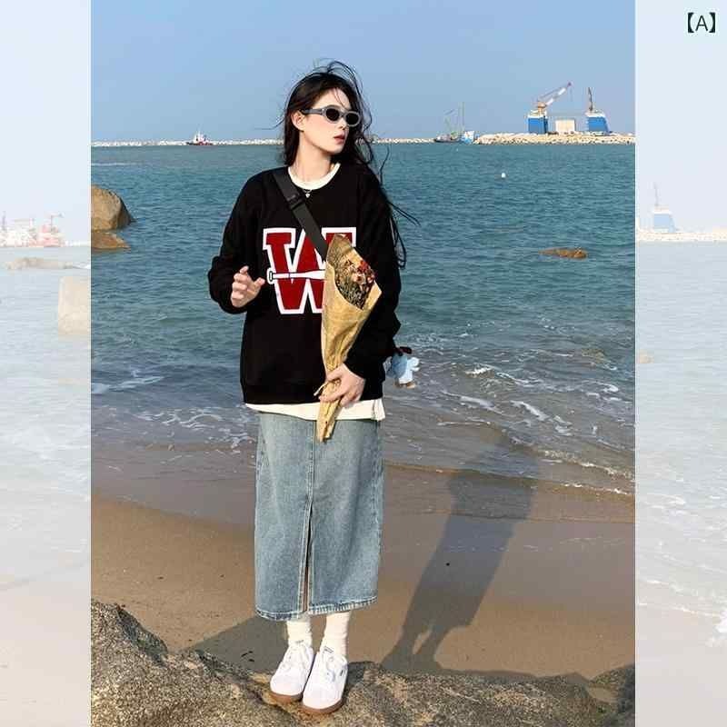 大人気 上品 ラウンドネック 秋冬 スタイル オーバー レイジー ショート トップス 24 スウェットシャツ ブラック シック サイズ アメリカン スタイル