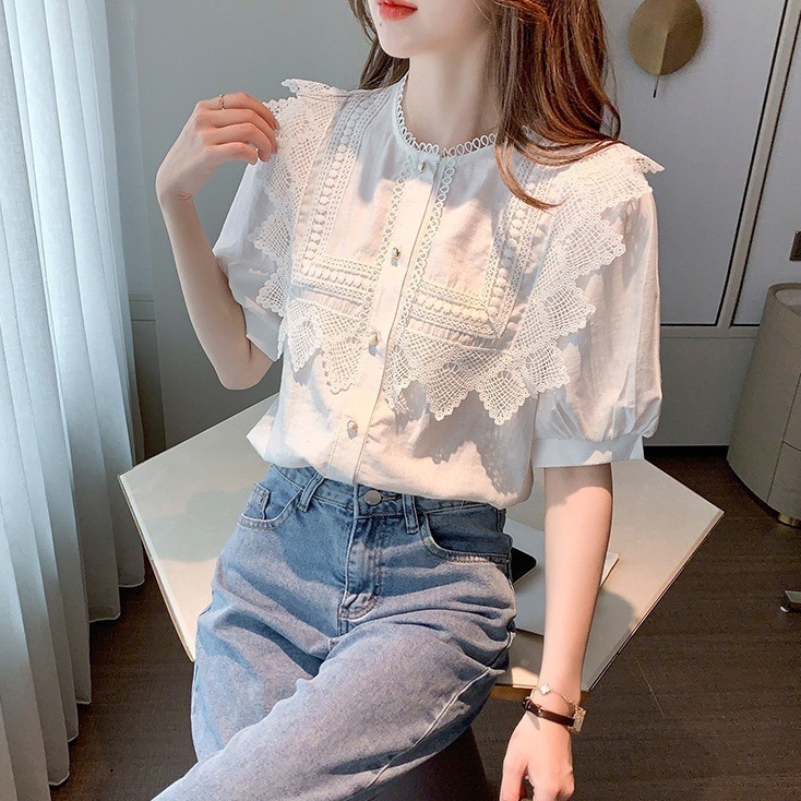 トップス ブラウス 5分袖 クルーネック 刺繡 レース プルオーバーミディアム丈 かわいい 大人可愛い きれいめ シンプル 上品 おしゃれ かっこいい カジュアル こなれ感 個性的 主役級 存在感