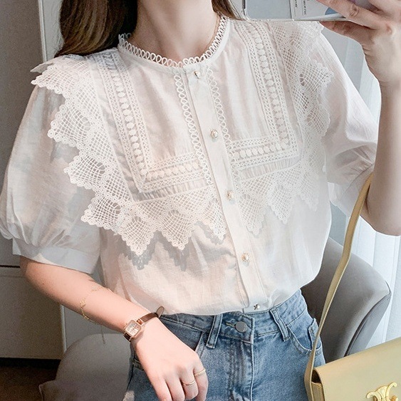 トップス ブラウス 5分袖 クルーネック 刺繡 レース プルオーバーミディアム丈 かわいい 大人可愛い きれいめ シンプル 上品 おしゃれ かっこいい カジュアル こなれ感 個性的 主役級 存在感