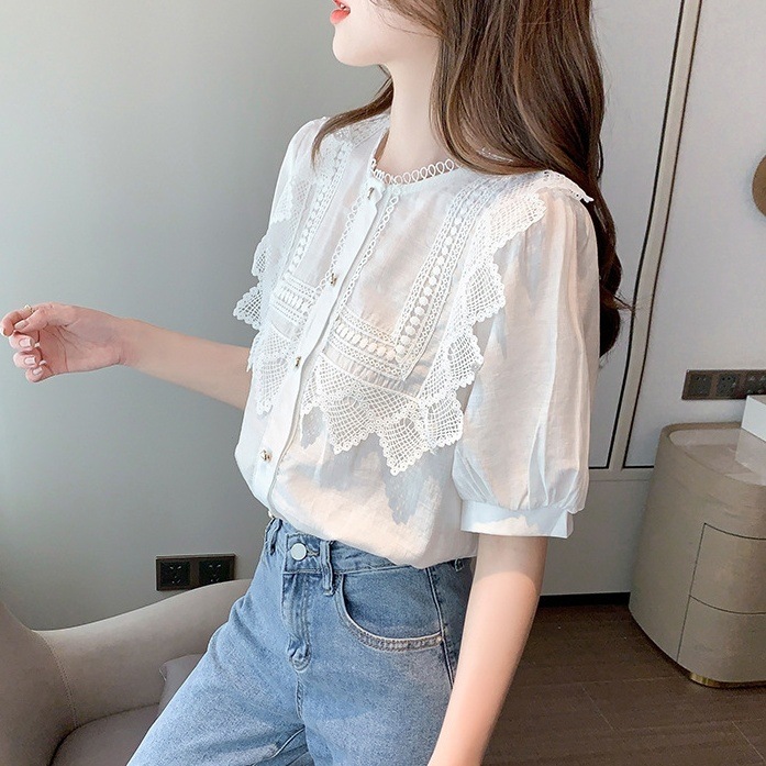 トップス ブラウス 5分袖 クルーネック 刺繡 レース プルオーバーミディアム丈 かわいい 大人可愛い きれいめ シンプル 上品 おしゃれ かっこいい カジュアル こなれ感 個性的 主役級 存在感