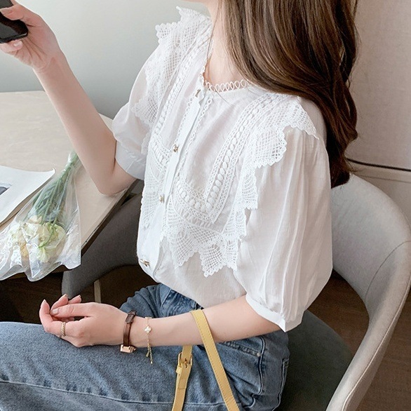 トップス ブラウス 5分袖 クルーネック 刺繡 レース プルオーバーミディアム丈 かわいい 大人可愛い きれいめ シンプル 上品 おしゃれ かっこいい カジュアル こなれ感 個性的 主役級 存在感