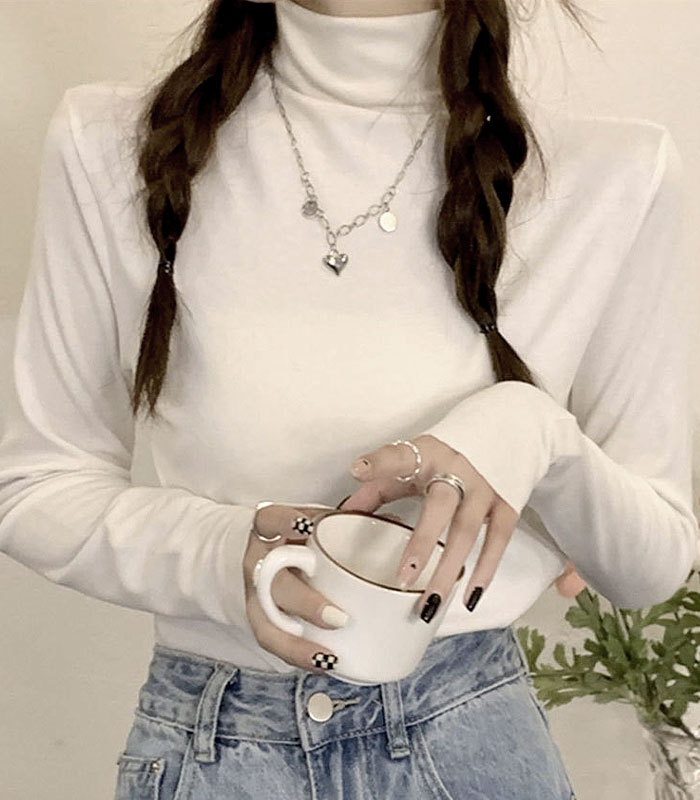 トップス カットソー ハイネック タートルネック インナー レイヤード 長袖 シャツ 重ね着 秋冬^^