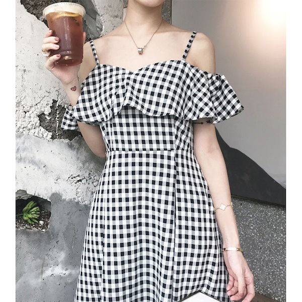 Qoo10] 1677.ギンガムチェックオフショルダー