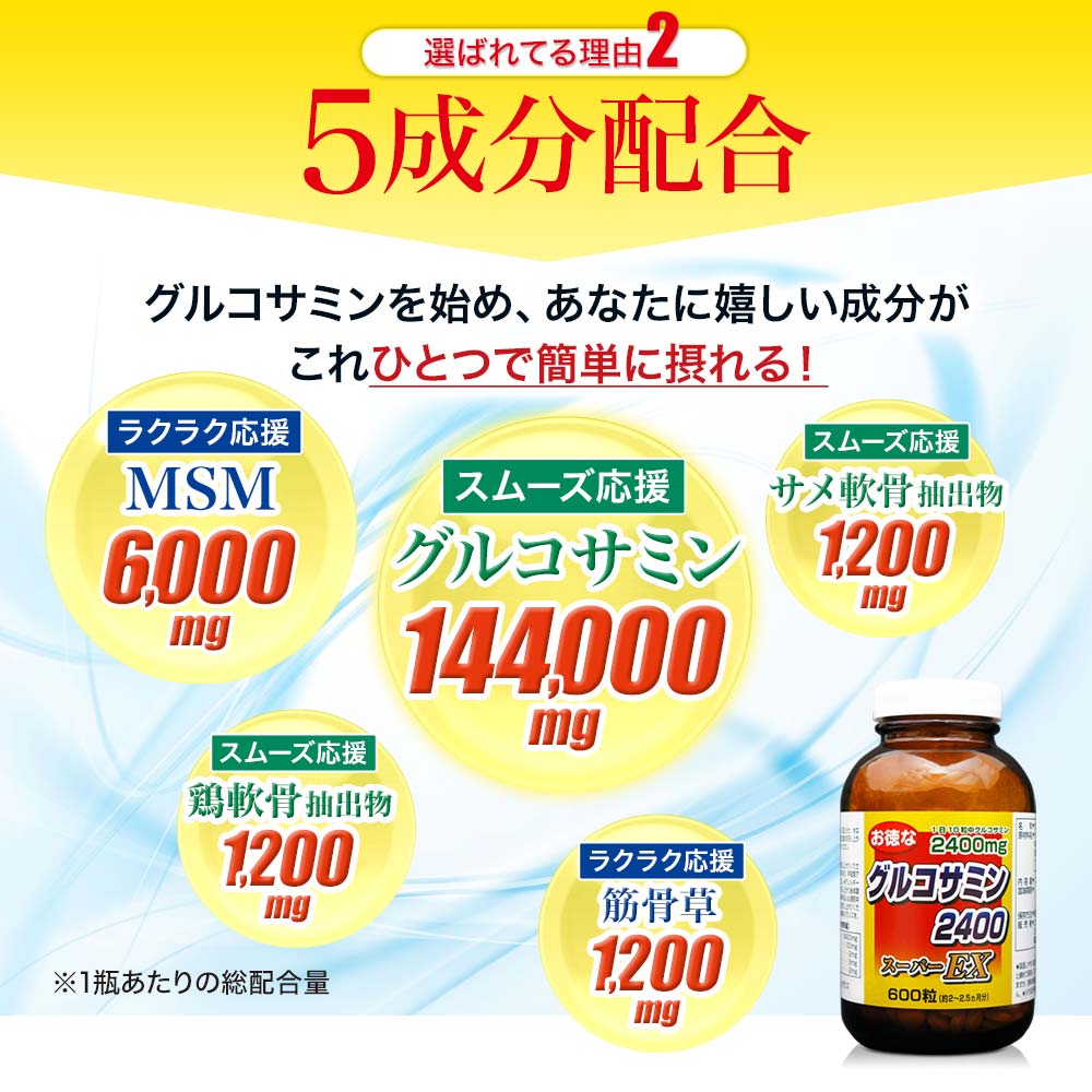 お徳なグルコサミン2400スーパーEX 600粒*6個 約360-450日分 グルコサミンコンドロイチン サプリメント サプリ