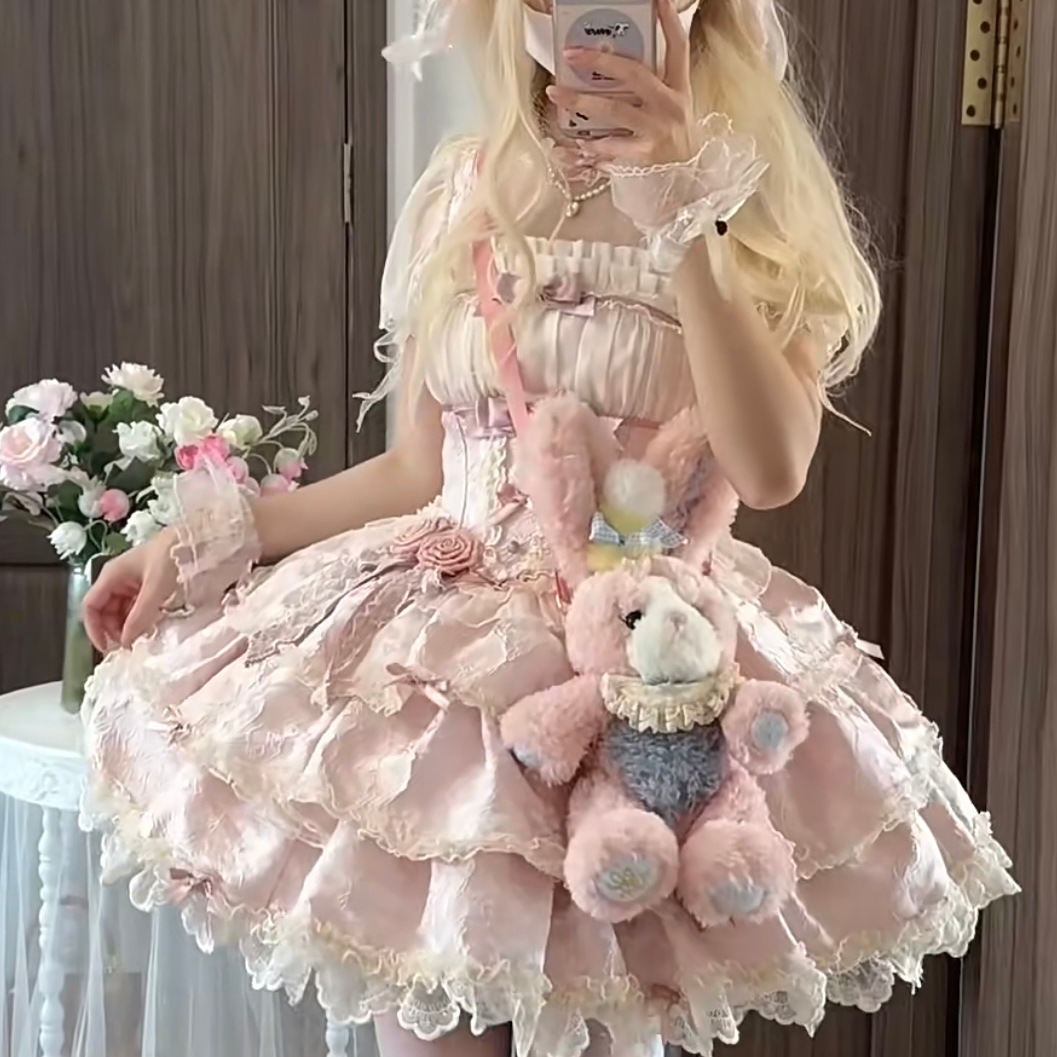 Lolitaソリッド洋服バレエdoll感ストラップ日常ワンピースロリータショートピンクスカート Lolitaソリッド洋服バレエdoll感ストラップ日常ワンピースロリータショートピンクスカート