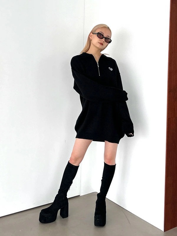 EMODA エモダ ハーフジップ オーバー ミニ ワンピース レディース EMD ハート ロゴ 刺繍 ハーフジップ ワンピ042450370101