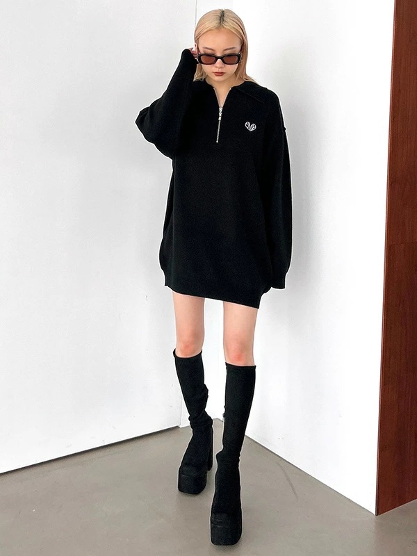 EMODA エモダ ハーフジップ オーバー ミニ ワンピース レディース EMD ハート ロゴ 刺繍 ハーフジップ ワンピ042450370101