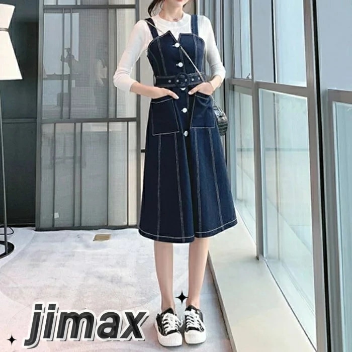 デニムワンピース レディース カジュアル おしゃれ 膝丈 デニムスカート ジャンパースカート ワンピース ひざ丈 フロントボタン スリット カジュアル お出かけ デート レジャー ブルー かっこいい