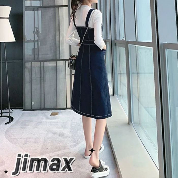 デニムワンピース レディース カジュアル おしゃれ 膝丈 デニムスカート ジャンパースカート ワンピース ひざ丈 フロントボタン スリット カジュアル お出かけ デート レジャー ブルー かっこいい