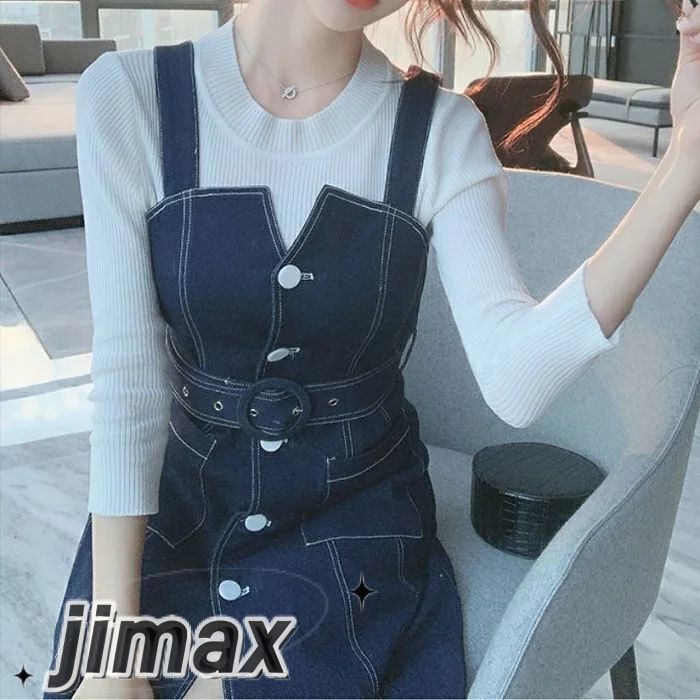 デニムワンピース レディース カジュアル おしゃれ 膝丈 デニムスカート ジャンパースカート ワンピース ひざ丈 フロントボタン スリット カジュアル お出かけ デート レジャー ブルー かっこいい