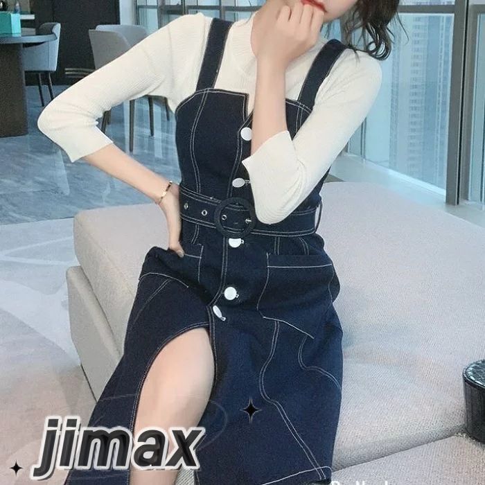 デニムワンピース レディース カジュアル おしゃれ 膝丈 デニムスカート ジャンパースカート ワンピース ひざ丈 フロントボタン スリット カジュアル お出かけ デート レジャー ブルー かっこいい