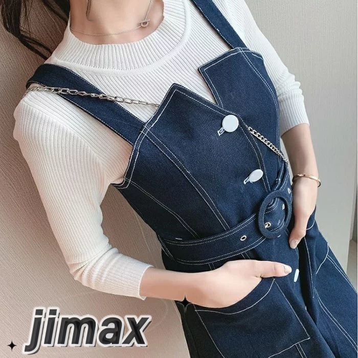 デニムワンピース レディース カジュアル おしゃれ 膝丈 デニムスカート ジャンパースカート ワンピース ひざ丈 フロントボタン スリット カジュアル お出かけ デート レジャー ブルー かっこいい