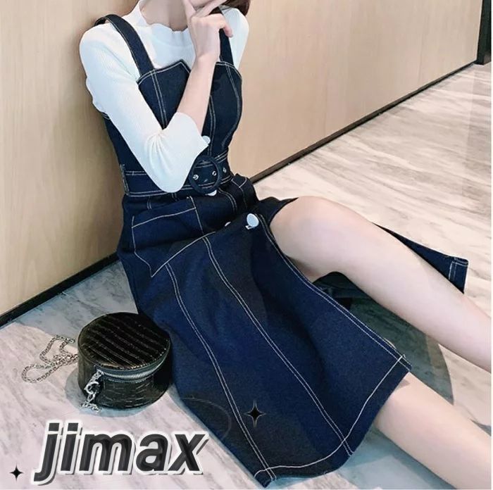 デニムワンピース レディース カジュアル おしゃれ 膝丈 デニムスカート ジャンパースカート ワンピース ひざ丈 フロントボタン スリット カジュアル お出かけ デート レジャー ブルー かっこいい