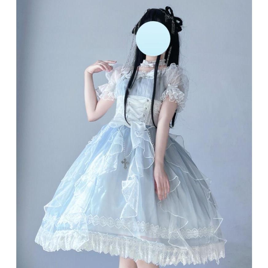 ロリータ ワンピース 甘ロリー ロリータ服 半袖 膝丈 ショート丈 ロリィタ ワンピース チュール レース リボン フリル 可愛い ゴスロリ コスチューム