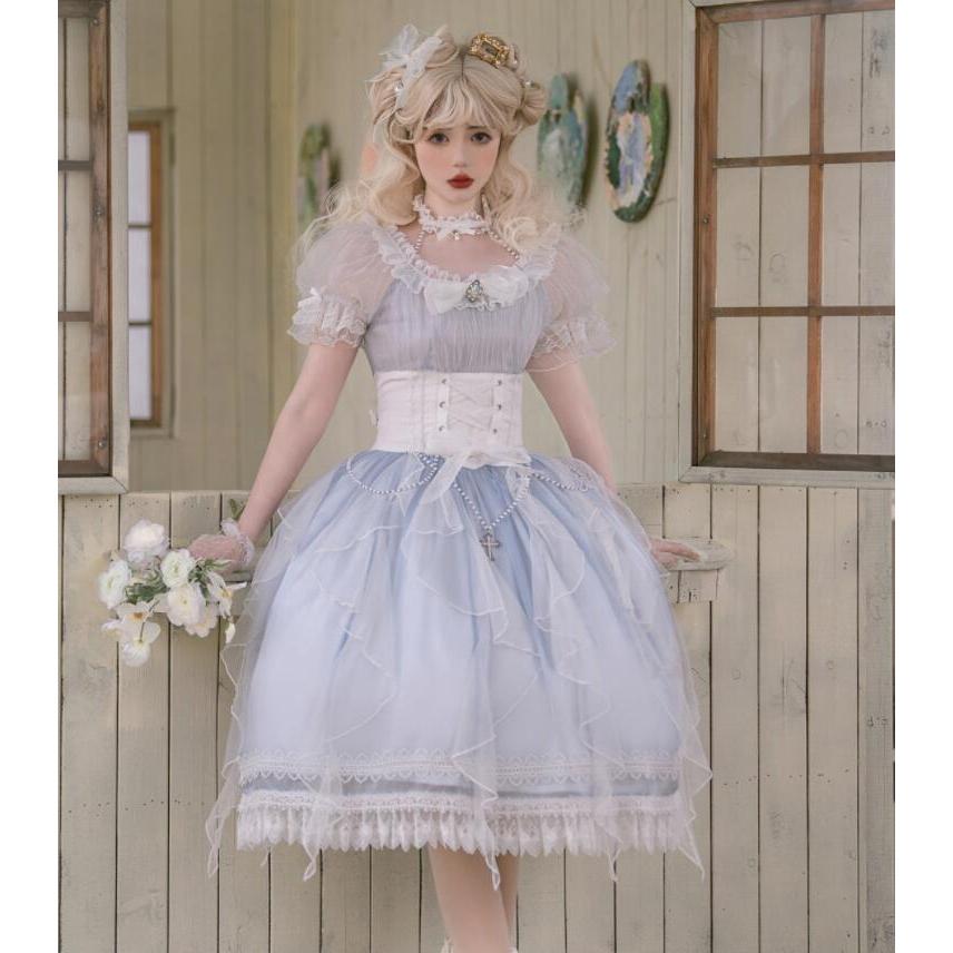 ロリータ ワンピース 甘ロリー ロリータ服 半袖 膝丈 ショート丈 ロリィタ ワンピース チュール レース リボン フリル 可愛い ゴスロリ コスチューム