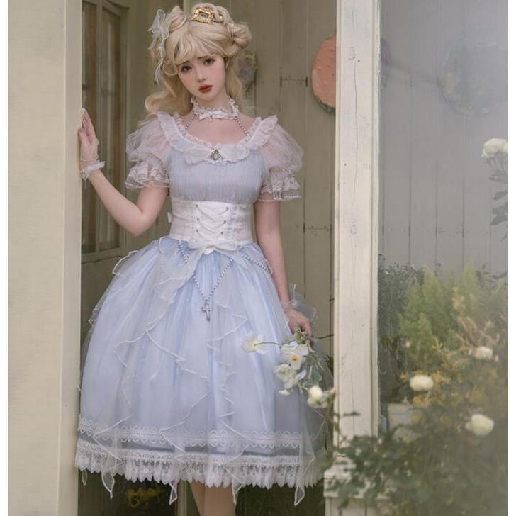 ロリータ ワンピース 甘ロリー ロリータ服 半袖 膝丈 ショート丈 ロリィタ ワンピース チュール レース リボン フリル 可愛い ゴスロリ コスチューム