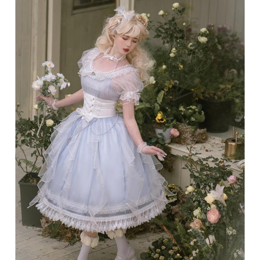 ロリータ ワンピース 甘ロリー ロリータ服 半袖 膝丈 ショート丈 ロリィタ ワンピース チュール レース リボン フリル 可愛い ゴスロリ コスチューム