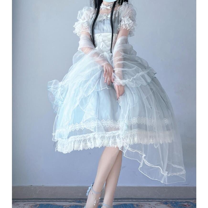 ロリータ ワンピース 甘ロリー ロリータ服 半袖 膝丈 ショート丈 ロリィタ ワンピース チュール レース リボン フリル 可愛い ゴスロリ コスチューム