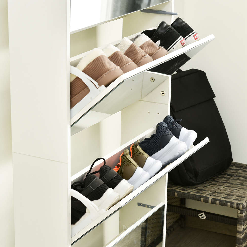 タイムセール 薄型 4段 シューズラック スリム シューズボックス 靴箱 下駄箱 ミラー 全身鏡 玄関収納 消臭 大容量 木製 姿見 スリム ナチュラル ホワイト くつ箱 靴入れ 収納ラック エント薄