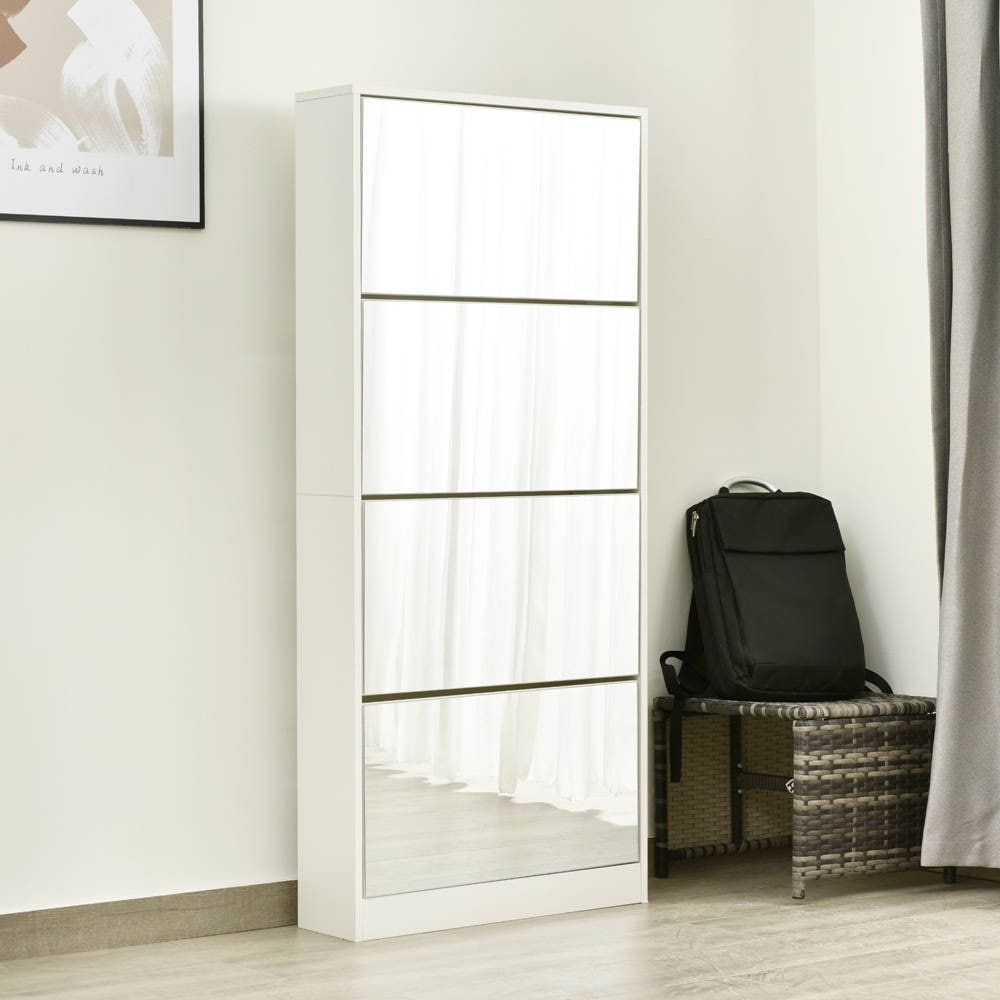 タイムセール 薄型 4段 シューズラック スリム シューズボックス 靴箱 下駄箱 ミラー 全身鏡 玄関収納 消臭 大容量 木製 姿見 スリム ナチュラル ホワイト くつ箱 靴入れ 収納ラック エント薄