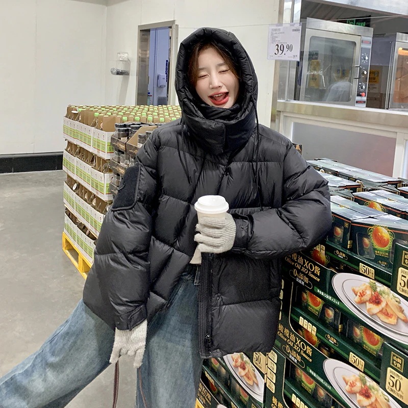 ファッション大学スタイル肥厚パン服2024新しい韓国の緩いファッション90ホワイトダックダウンフード付きジャケット