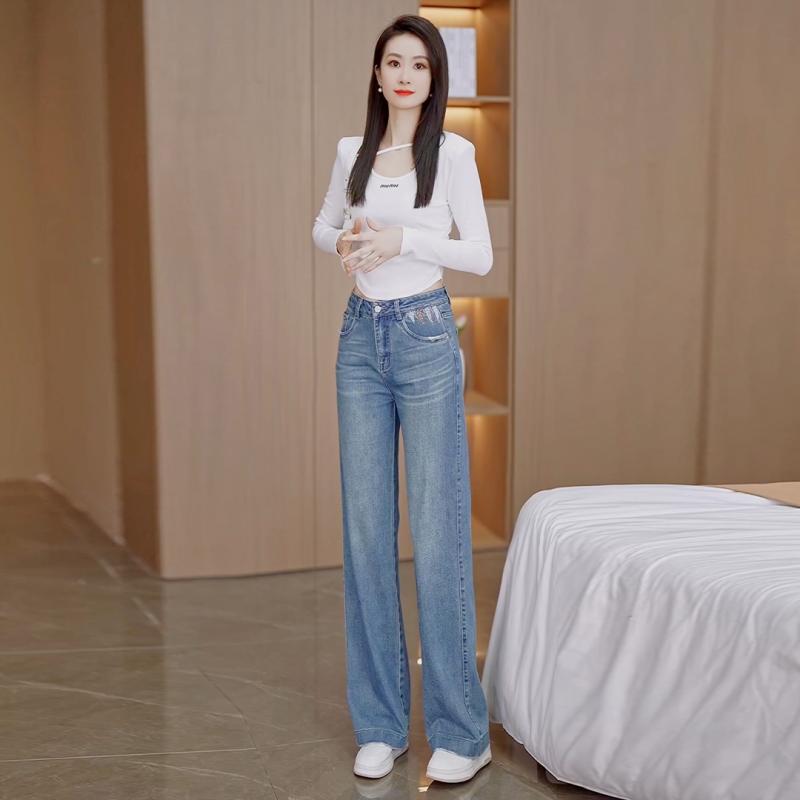 デニム パンツ ボトムス レディース ストレート ジーンズ 春秋 刺繍 ハイウエスト スリムフィット ドレープ ワイドパンツ 青 デニム パンツ ボトムス レディース ストレート ジーンズ 春秋 刺繍 ハイウエスト スリムフィット ドレープ ワイドパンツ 青