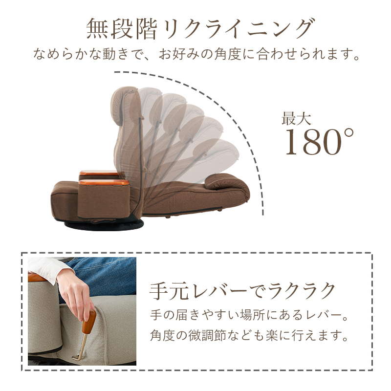 回転座椅子 肘付き ポケットコイル 高齢者 無段階リクライニング 360度回転 小物収納付き 完成品