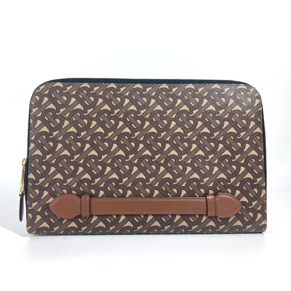 クラッチバッグ TB ロゴ カバン セカンドバッグ ポーチ レザー/キャンバス ブラウン クラッチバッグ TB ロゴ カバン セカンドバッグ ポーチ レザー/キャンバス ブラウン