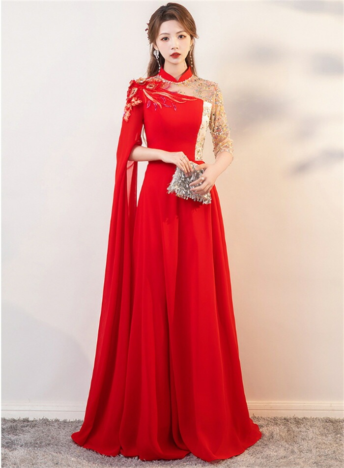 チャイナ風ドレス パーティードレス ウエディングドレス プリンセスドレス 結婚式 ワンピース 二次会 イブイングドレス 立ち襟 演奏会 発表会 ロングドレス 大きいサイズ おしゃれ 上品 大人 フォー