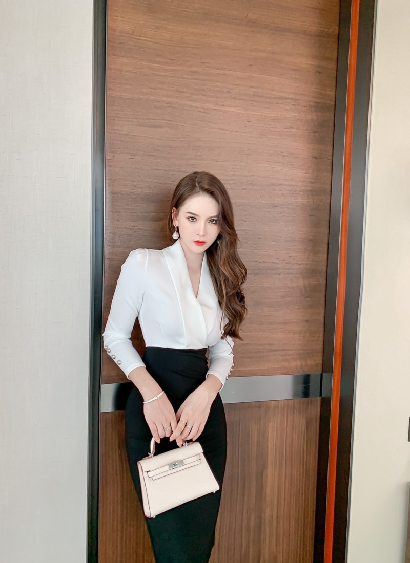 【JY.上品】 春 黒白 上下ドッキング ワンピース Vネック 名媛 通勤 フォーマル ドレス 同窓会 披露宴 卒業式 結婚式 演奏会 パーティードレス 二次会 発表会