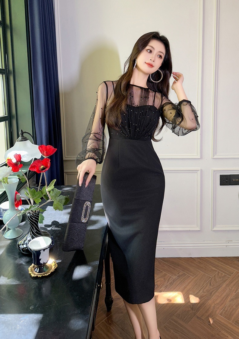 【JY.上品】 2025秋 チュールドッキング パール飾り ドレス パーティー キャバ 大人 同窓会 披露宴 卒業式 結婚式 演奏会 ウェディング 二次会 メガ割