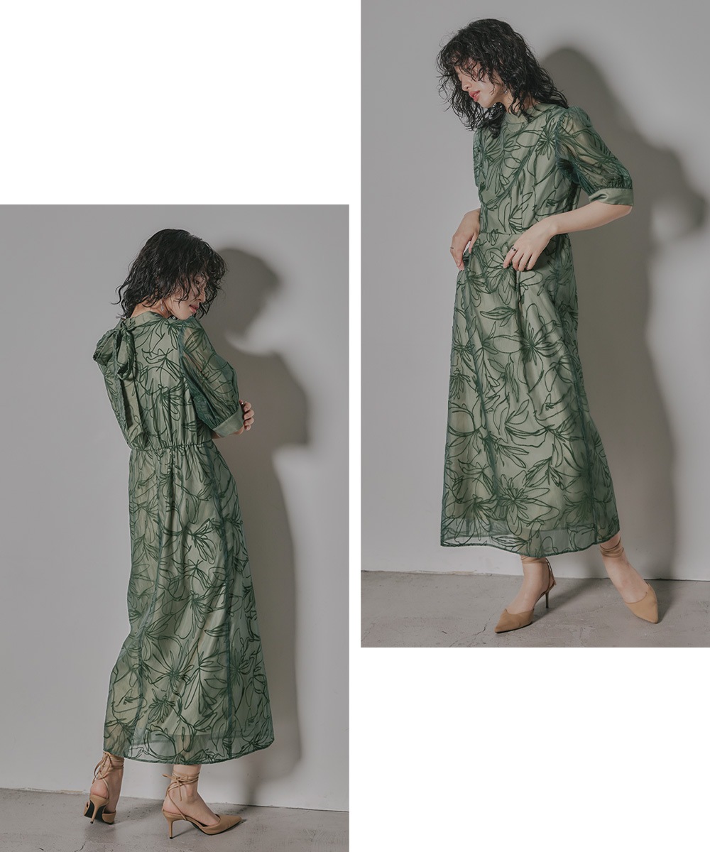 結婚式 ワンピース パーティードレス 花柄 ボウタイ リボン ハイネック Iライン ヴィンテージ フラワー フロッキー ロング丈 袖あり 半袖 五分袖 他と被らない オケージョン 1.5次会 結婚式 ワンピース パーティードレス 花柄 ボウタイ リボン ハイネック Iライン ヴィンテージ フラワー フロッキー ロング丈 袖あり 半袖 五分袖 他と被らない オケージョン 1.5次会