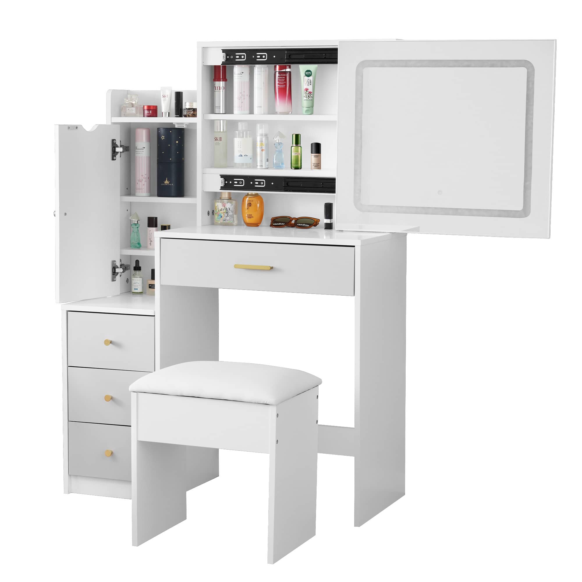 ドレッサー化粧台 テーブル 鏡台 LEDライト付き スツール付き 引き出し 収納 サイド収納 メイク台 シンプル 大容量 可愛い