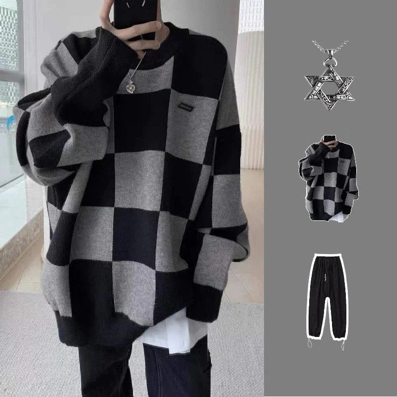 チェック セーター+カジュアルパンツ 2点セット メンズファッション セットアップ 長袖ニット