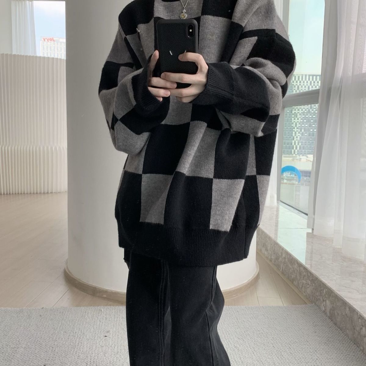 チェック セーター+カジュアルパンツ 2点セット メンズファッション セットアップ 長袖ニット