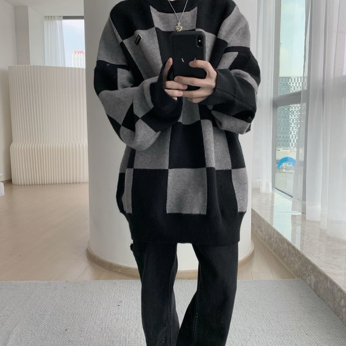 チェック セーター+カジュアルパンツ 2点セット メンズファッション セットアップ 長袖ニット