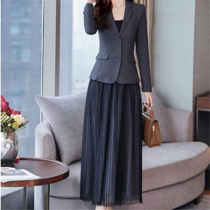 新品登場[安くて出荷が早い]セットアップ ワンピーススーツ レディース 2点セット テーラード ジャケット 長袖 無地 ロング丈 チュール フォーマル 通勤 洋服 結婚式 入学式