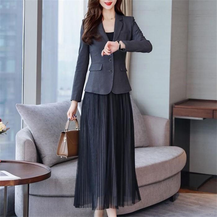 新品登場[安くて出荷が早い]セットアップ ワンピーススーツ レディース 2点セット テーラード ジャケット 長袖 無地 ロング丈 チュール フォーマル 通勤 洋服 結婚式 入学式