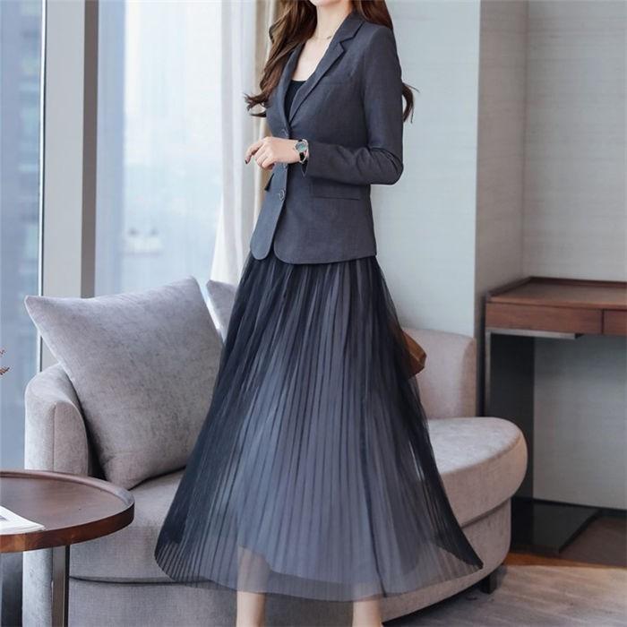 新品登場[安くて出荷が早い]セットアップ ワンピーススーツ レディース 2点セット テーラード ジャケット 長袖 無地 ロング丈 チュール フォーマル 通勤 洋服 結婚式 入学式