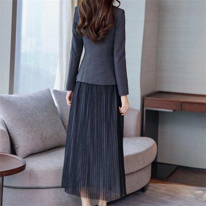 新品登場[安くて出荷が早い]セットアップ ワンピーススーツ レディース 2点セット テーラード ジャケット 長袖 無地 ロング丈 チュール フォーマル 通勤 洋服 結婚式 入学式