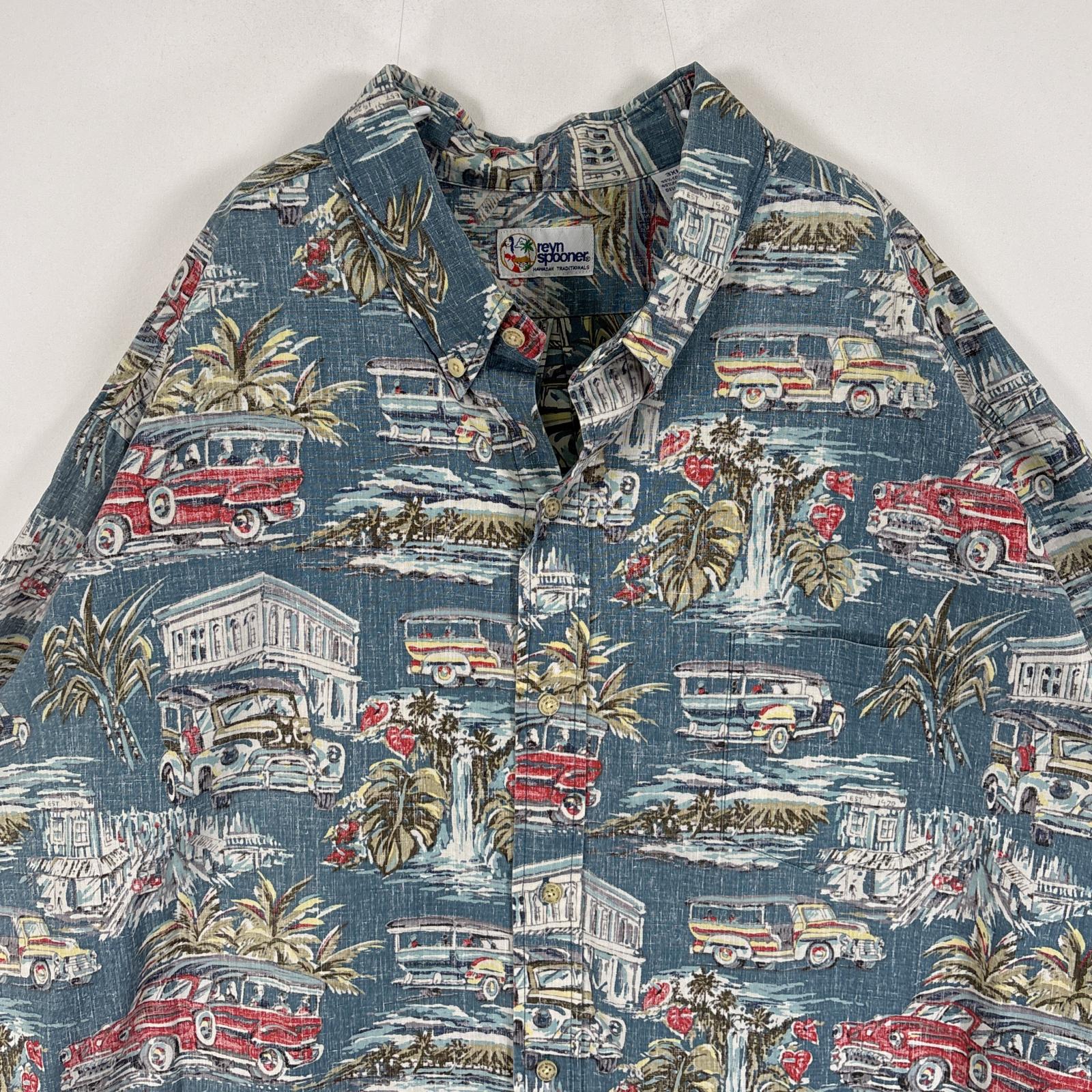 古着 90s/90年代 半袖シャツ アロハ 旧車 インサイドアウト 大きいサイズ 3XL ブルー系 総柄 メンズ