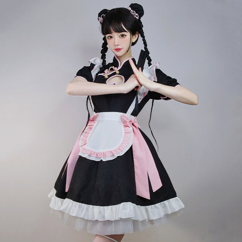 メイド服 可愛い チャイナ風 コスプレ ボウタイ 透かし彫り S M L ワンピース
