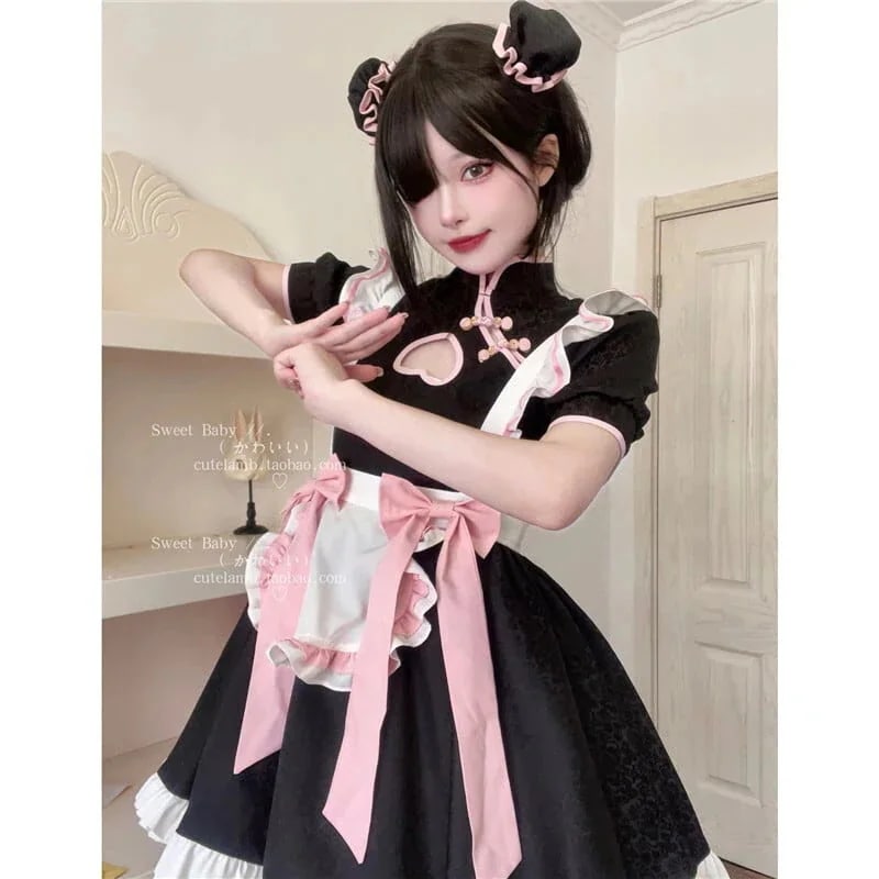 メイド服 可愛い チャイナ風 コスプレ ボウタイ 透かし彫り S M L ワンピース